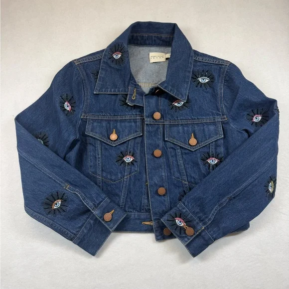 👁✨ Alice + Olivia Embellished Eye Cropped Denim Jacket NWOT✨👁 - Picture 4 of 10